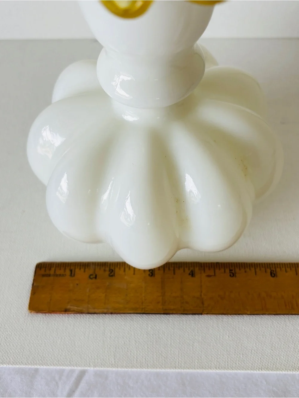 Fenton Art Glass Gold Crest Ruffled Milk Glass Melon Vase 8